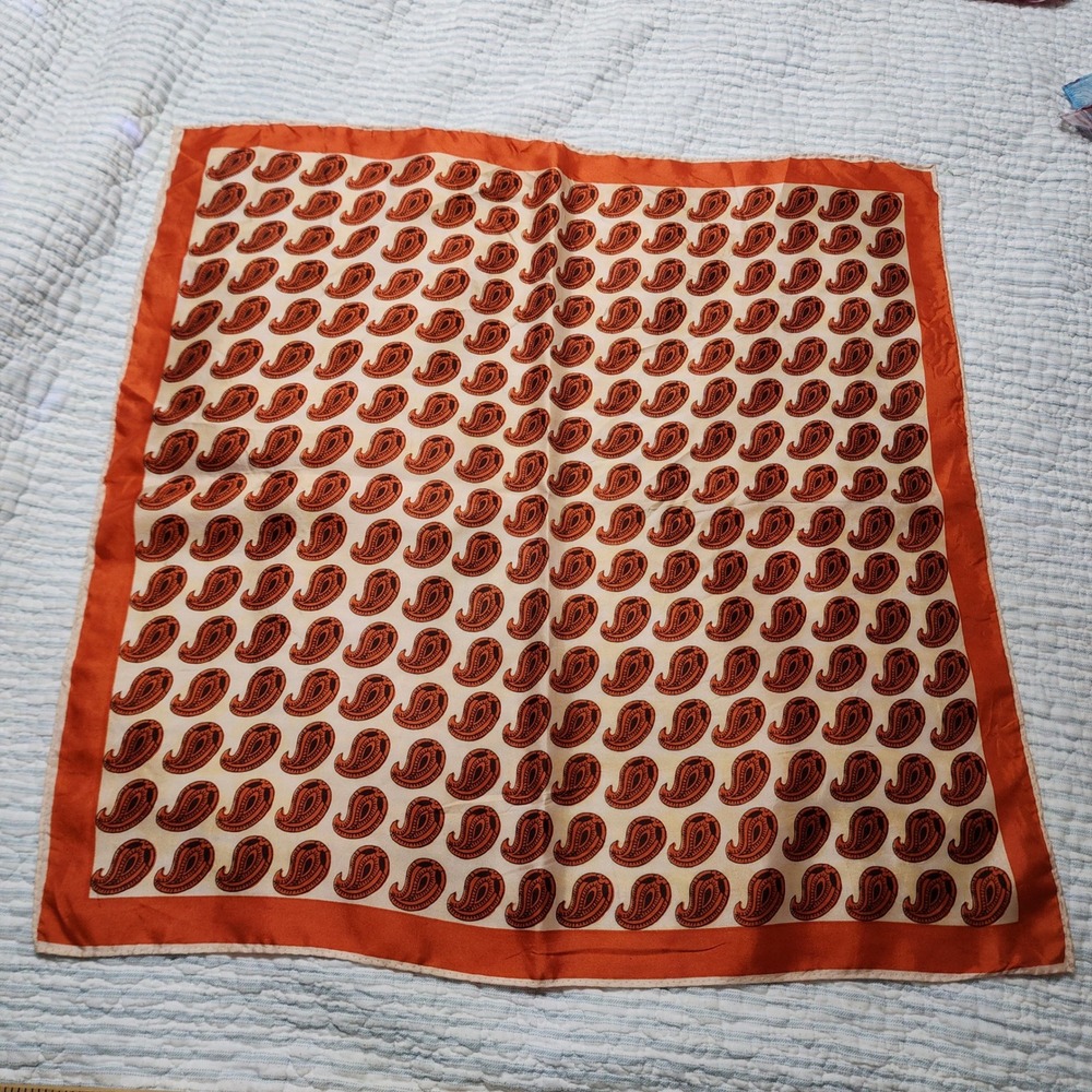 Vintage Orange Brown Paisley Square Scarf Hand Rolled Edge 21 Inch
